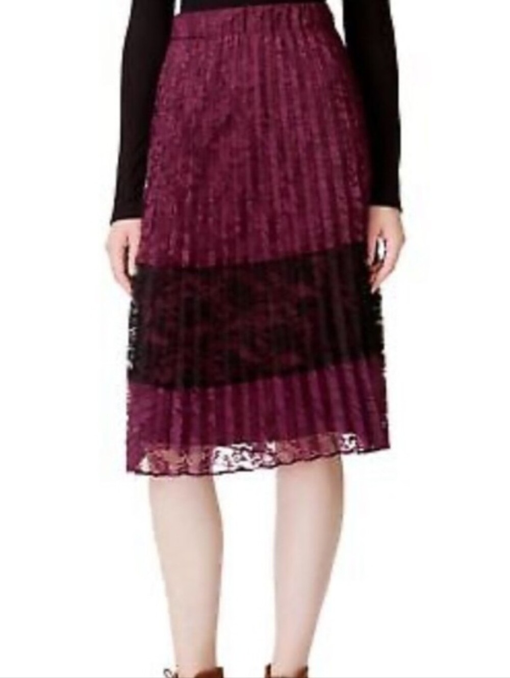 MAISON JULES Lace Pleated Women’s Burgundy Midi Skirt Sz Small